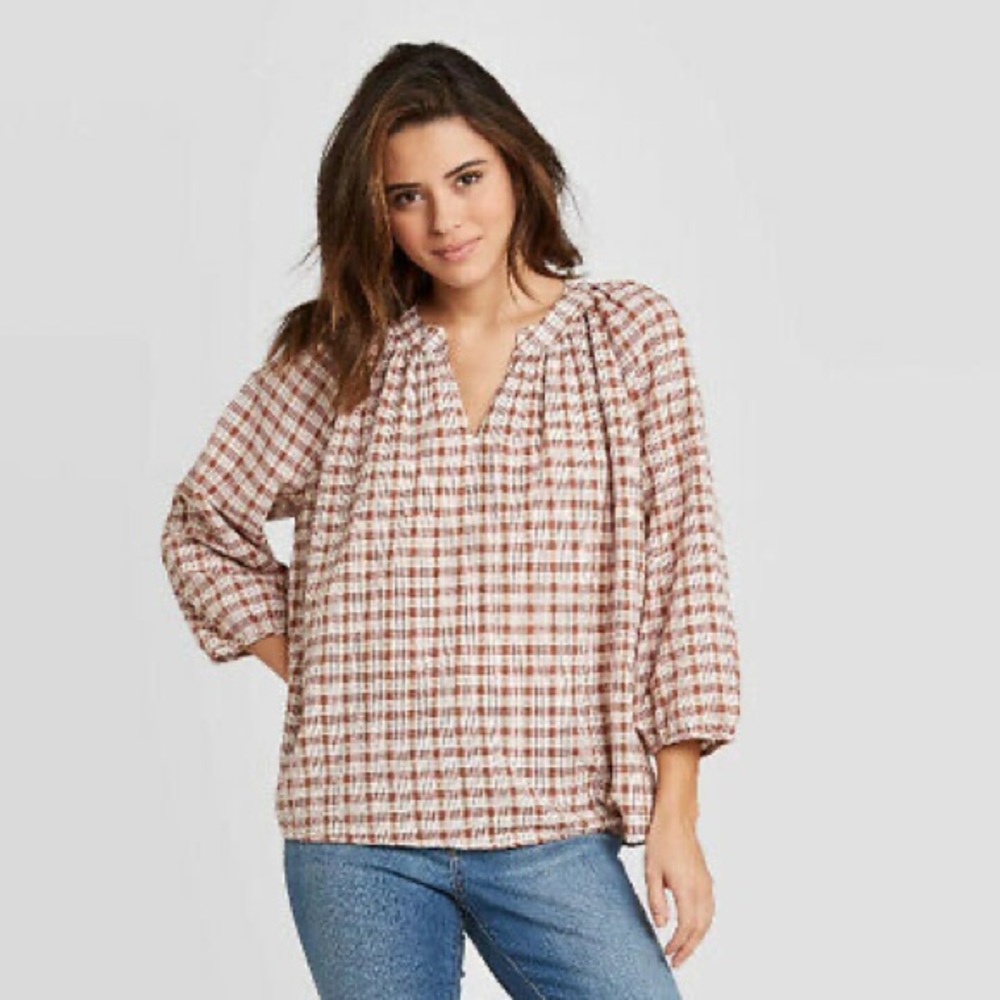 UNIVERSAL THREAD Pink Plaid Long Sleeve Blouse L